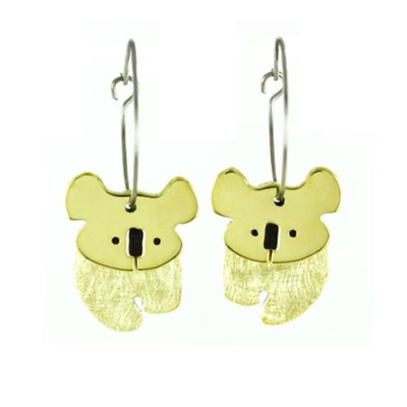 Far Fetched Dancing Koala Bear Hoop Earrings Brushed Brass Artisan Handmade - Picture 1 of 1